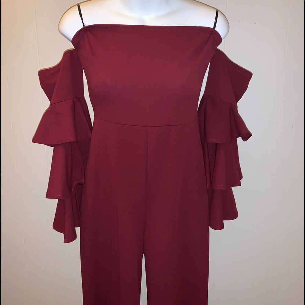 Lulus Burgundy Off-the-Shoulder Flounce Sleeve Jumpsuit